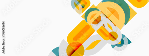 Abstract geometric shapes overlap, creating dynamic composition. Yellows, greens, blues dominate minimalist design. Clean lines suggest modern aesthetic.