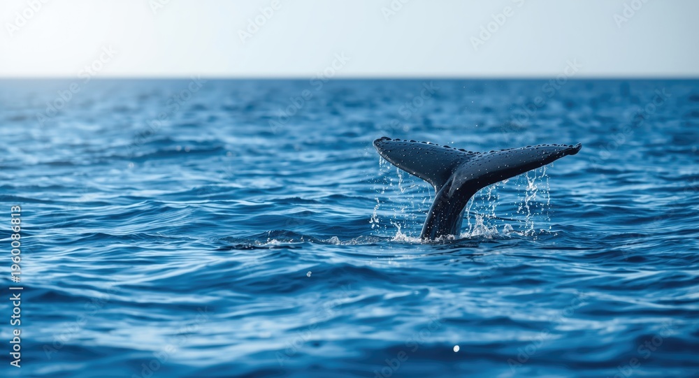 Fototapeta premium Gray whale tail surfacing with water droplets on a vibrant summer ocean scene