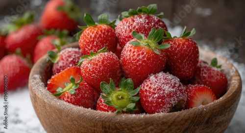 Luscious Dutch strawberries combined with sugar in a wooden bowl