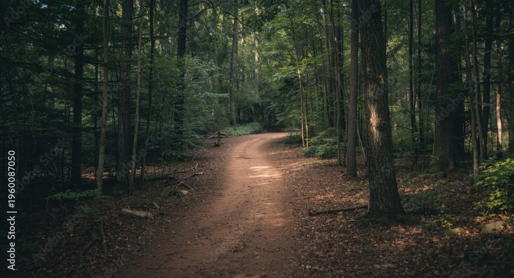 Fototapeta premium Quiet forest trail where two footpaths meet and form one path