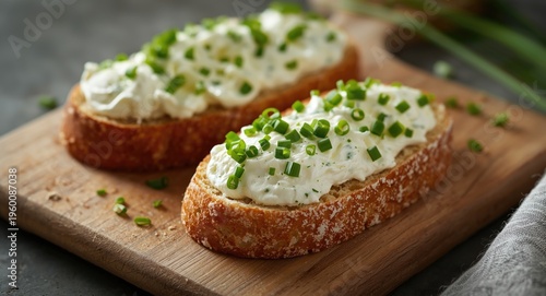 Fresh bread topped with cre...