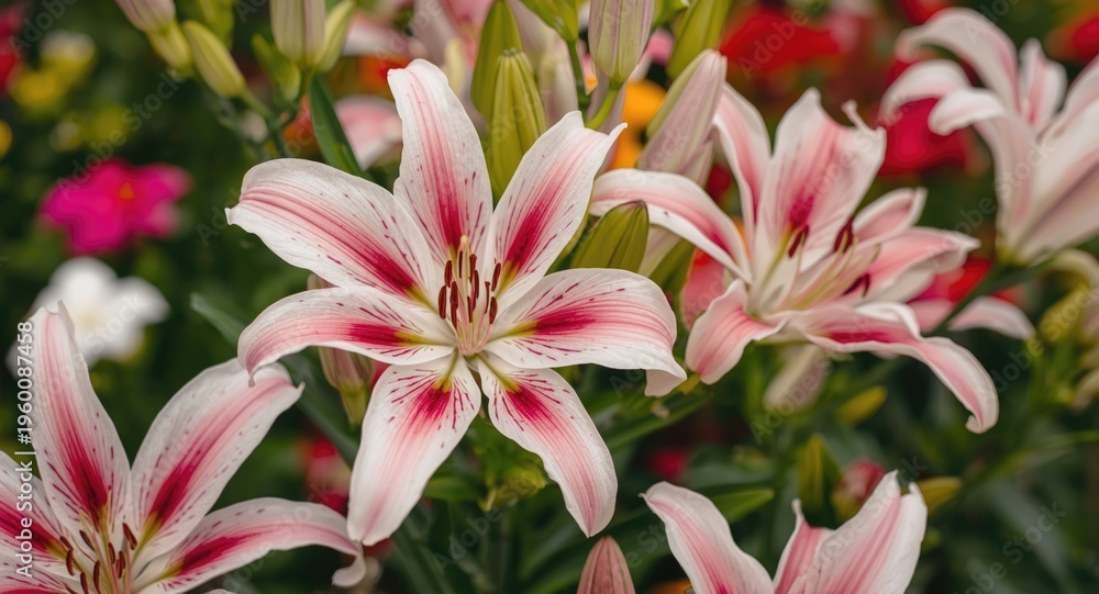Fototapeta premium Close up of pink and white lilies blooming in a vibrant garden