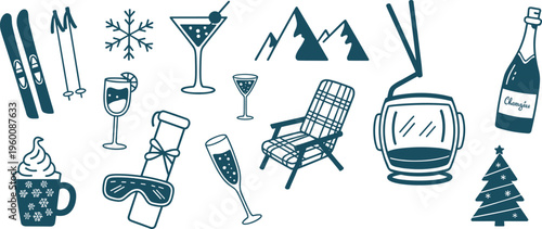 Winter ski resort and celebration icons in teal on a white background skis ski poles