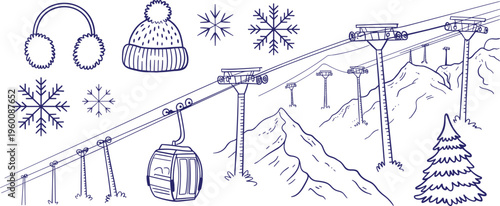 Winter Ski Resort Doodle Elements With Snowflakes Ski Lift And Mountains vector illustration