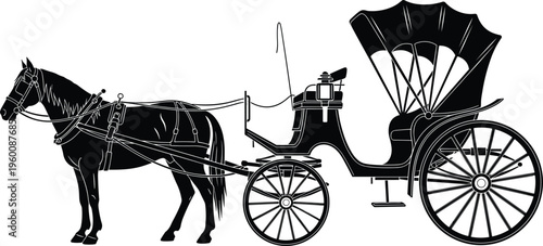 Black horse drawn carriage with driver seat and umbrella horse-drawn carriage vehicle transportation