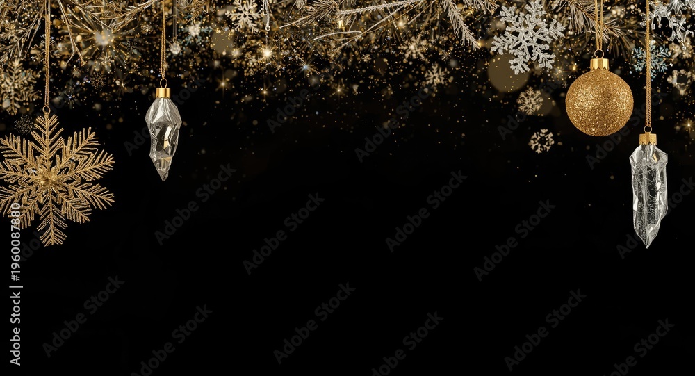 Fototapeta premium Radiant gold holiday baubles and sparkling frozen crystals hanging on dark black background with copy space