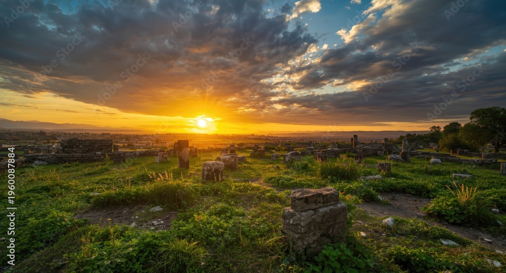 Obraz premium Ancient relics set within vibrant greenery under a dramatic dawn horizon filled with bright clouds and a glowing sun
