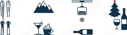 Winter Skiing and Holiday Icons Set Keywords: skis, ski poles, mountains, ski lift, snowflake, wine glass, bottle, christmas