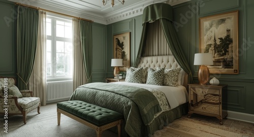 Elegant green themed bedroo...