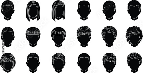 Black silhouette heads with various hairstyles on white background