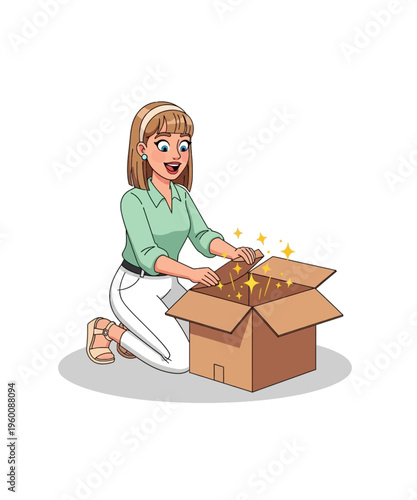 A happy cartoon woman kneeling, enthusiastically opening a cardboard box filled with magical golden sparkles, revealing a wondrous surprise.