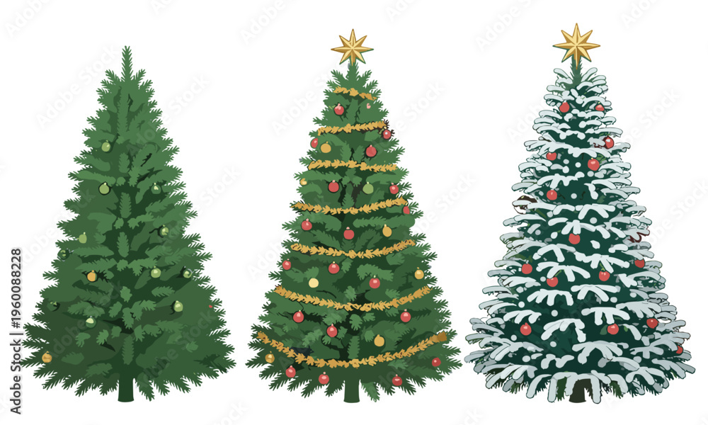 Fototapeta premium Three Decorated Christmas Trees on White Background