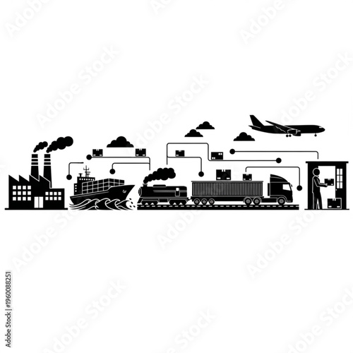 Black silhouette illustration of industrial transportation network with train, ship, and airplane