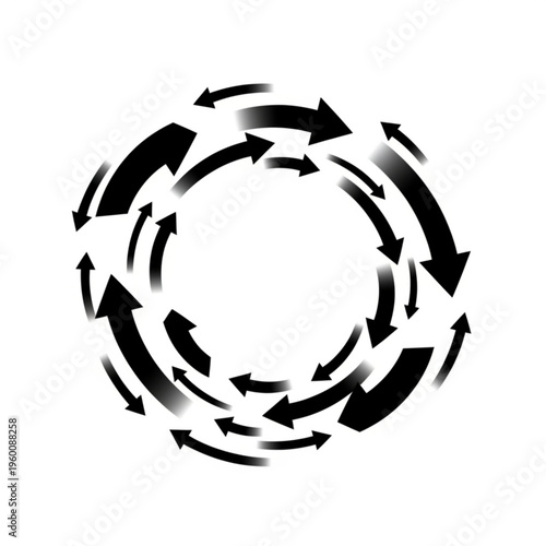 Circular black silhouette illustration of arrows pointing in all directions, forming a dynamic circular motion.