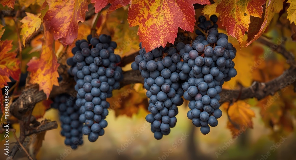 Fototapeta premium Full grape clusters hanging among vibrant fall foliage