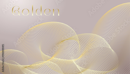 Beige background with golden wavy soft transparent lines, delicate shimmer, and an exquisite abstract gradient texture. Flowing golden gradient threads. Luxury vector illustration
