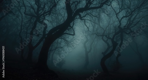 Foggy night forest landscap...