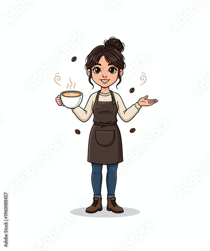 A delightful cartoon barista wearing an apron, holding a steaming coffee cup, cheerfully offers a warm, inviting drink.