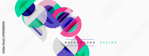 Abstract geometric shapes overlap, creating vibrant visual effect. White background enhances colorful design elements. Modern, dynamic composition.