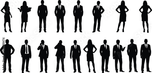 Black silhouettes of business people standing in various poses white background