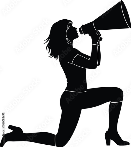 Black silhouette woman kneeling holding megaphone