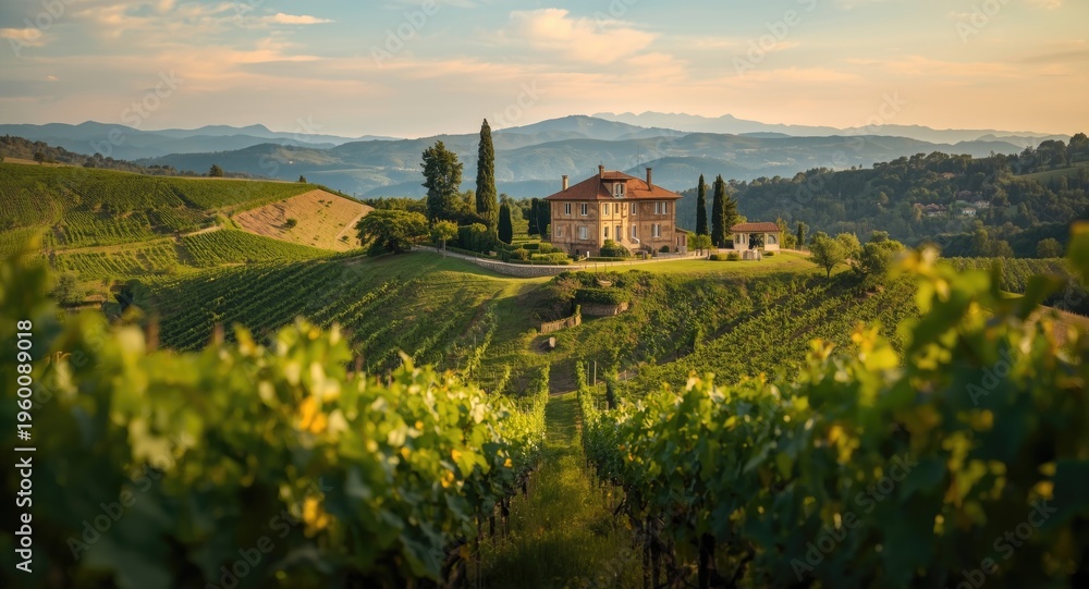 Fototapeta premium gentle hills backdrop framing rustic villa surrounded by green vineyards in summer