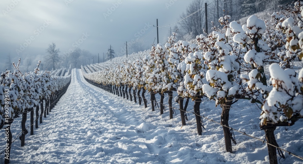 Obraz premium Snowy winter vineyard scene with vines climbing a gentle slope