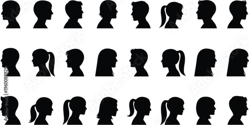 Black silhouettes of people with different hairstyles profile views head silhouettes