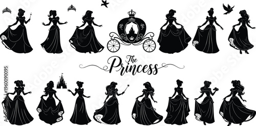 Black silhouettes of princesses in various poses with carriage and castle white background