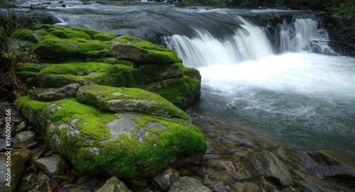 Green moss layered stones b...