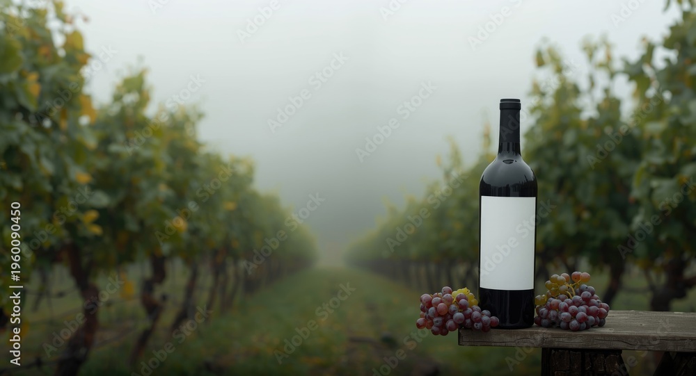 Obraz premium Grapes and wine bottle captured in foggy vineyard setting with blank copy space