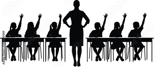 Black silhouettes of students with hands raised in classroom setting with teacher desks