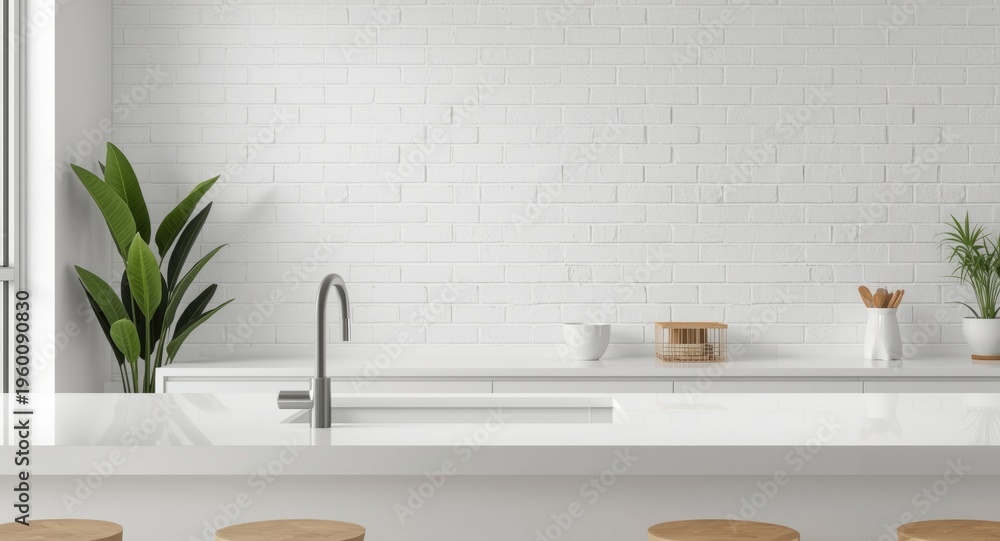 Fototapeta premium Bright kitchen interior with white brick walls and sleek countertops featuring a potted plant near the wall