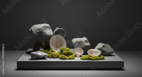 Gray stones moss and shell ...