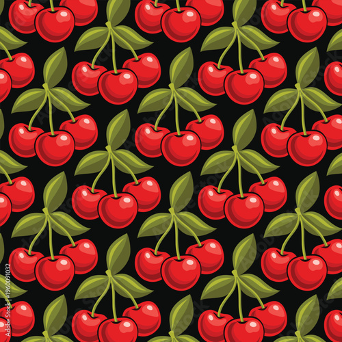 Cherry Seamless Pattern – Red Cherry Fruit Vector Background with Leaves