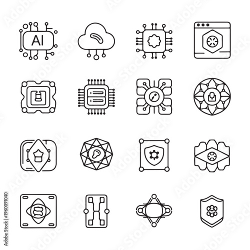 Microchip Processor and AI Hardware Line Icons Vector Set