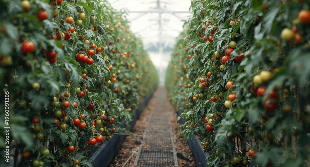 Obraz premium Cherry tomato cultivation in a spacious greenhouse with abundant vines and copyspace for text
