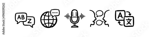 Hand-drawn language and translation icon set featuring a globe, microphone, speech bubbles, and human profiles. Ideal for linguistics, global communication, and translation service concepts.