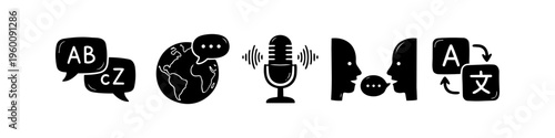 Set of hand-drawn minimalist icons for language translation, global communication, and speech recognition. Ideal for educational platforms, apps, and linguistic services.