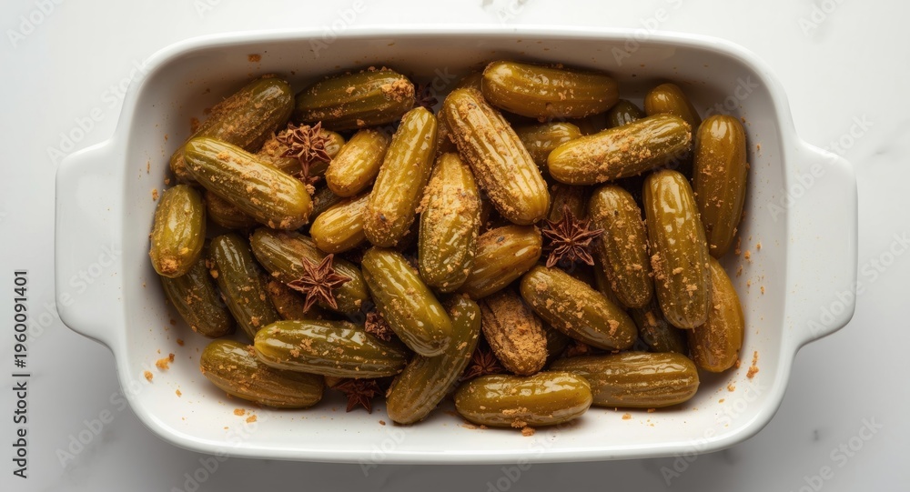 Fototapeta premium Above shot of gherkin pickles tossed with fragrant spices in a serving dish on white