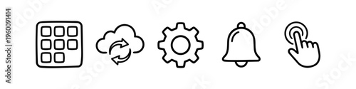 Minimalist set of five linear web and app icons including a grid menu, cloud sync, settings gear, notification bell, and touch click hand cursor. Clean black line art on white background.