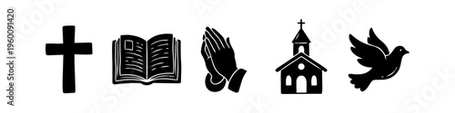 Set of five Christian icons: a cross, holy bible, praying hands, church building, and a dove. Minimalist black silhouette symbols representing faith, religion, and spirituality on white.