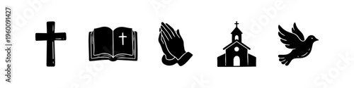 A collection of black Christian religious icons including a cross, open Bible, praying hands, church, and a dove. Clean vector silhouettes for faith-based and spiritual design projects.