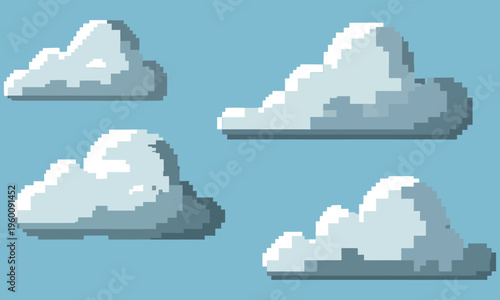 Four white pixelated clouds are floating in the blue sky with a white ground below them.