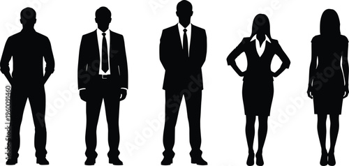 Five black silhouettes of business people standing white background