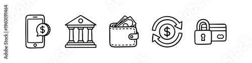 Set of hand-drawn financial icons featuring mobile banking, a classic bank building, a wallet with cash, currency exchange, and a secure credit card with a lock, in a minimalist black line style.