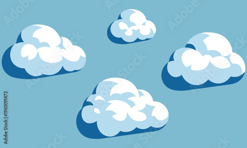 Four white puffy clouds float gently across a clear blue sky on a sunny day.