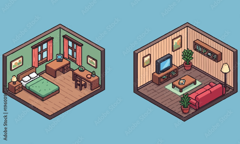 Obraz premium Two isometric rooms with furniture are shown side by side on a blue background, showcasing interior design with a bedroom and living room.