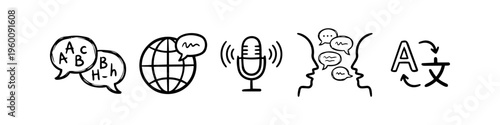 Set of hand-drawn doodle icons representing language translation, global communication, voice recognition, and dialogue. Perfect for educational, linguistic, and travel themes.
