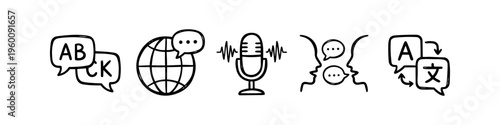 Hand-drawn language and translation icons featuring speech bubbles, a globe, a microphone, and profiles for communication, interpreting, and global linguistics concepts.